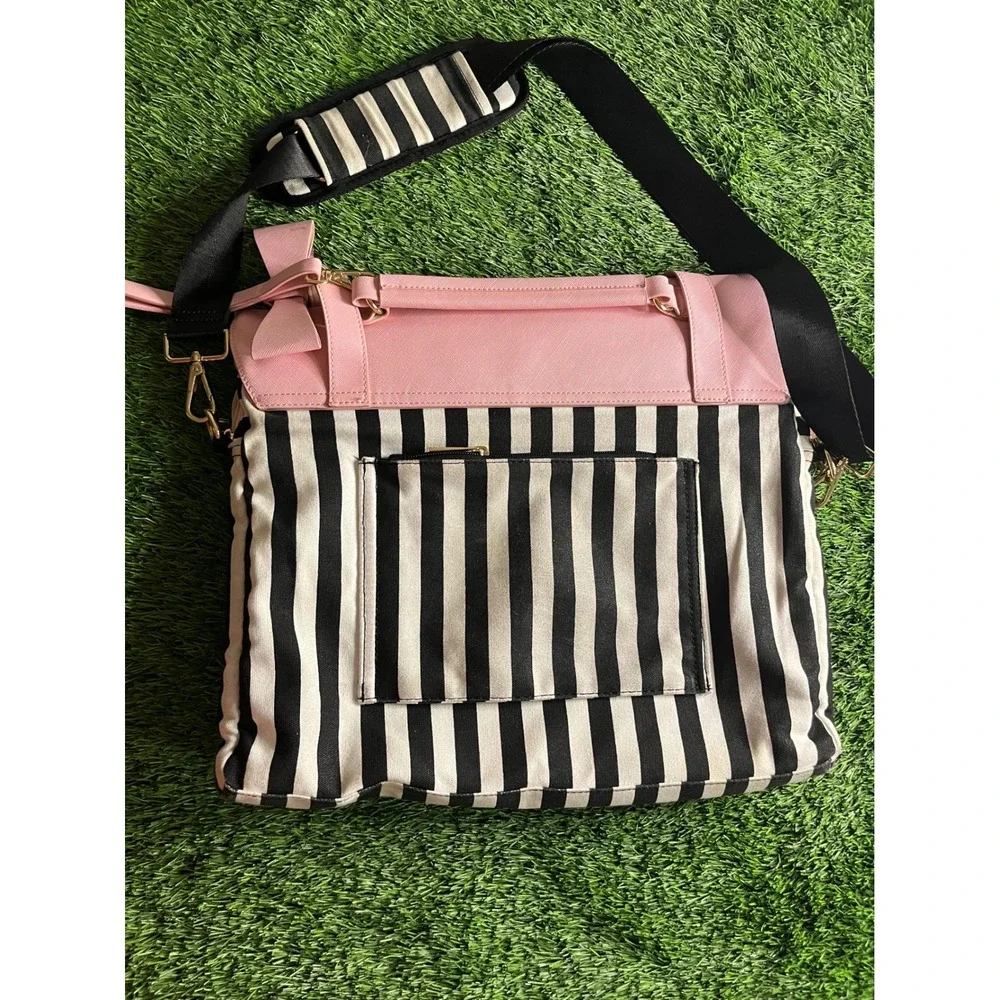 MATEIN Laptop Bag Womens Large Pink Striped Bow Canvas Faux Leather Messenger